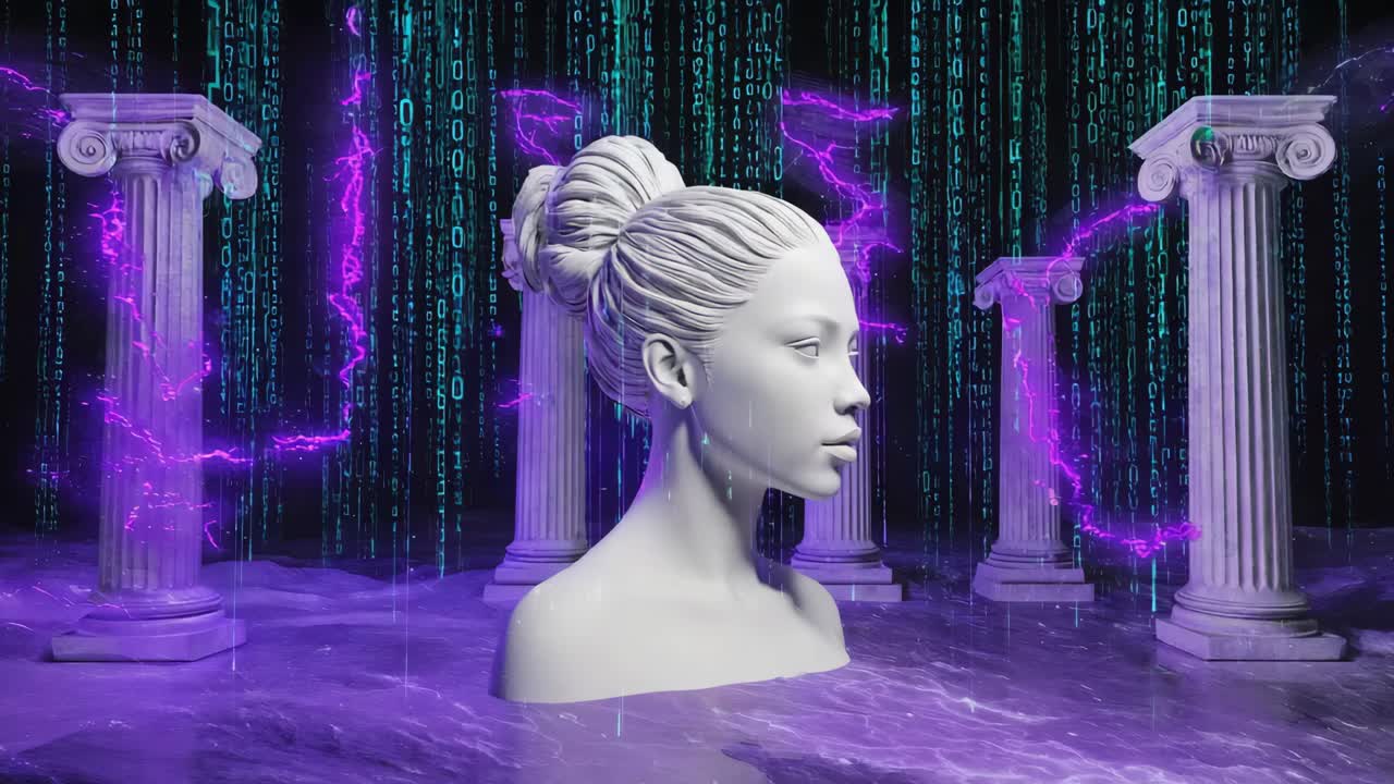 Woman statue in water with columns and lightning
