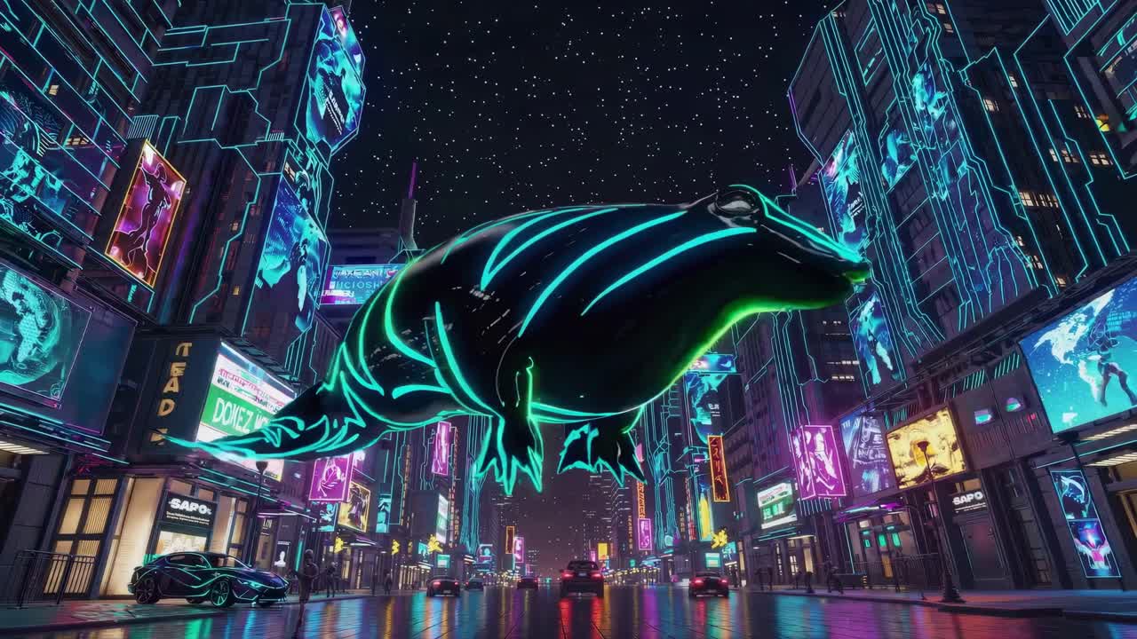 Giant Glowing Frog in a Cyberpunk City at Night