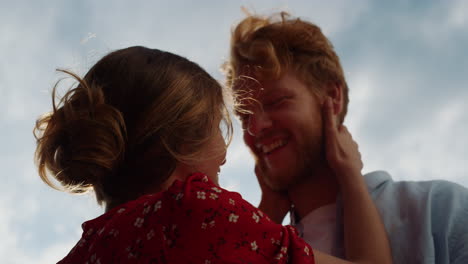 happy couple dance portrait. married lovers spend summer on nature sky sunlight.