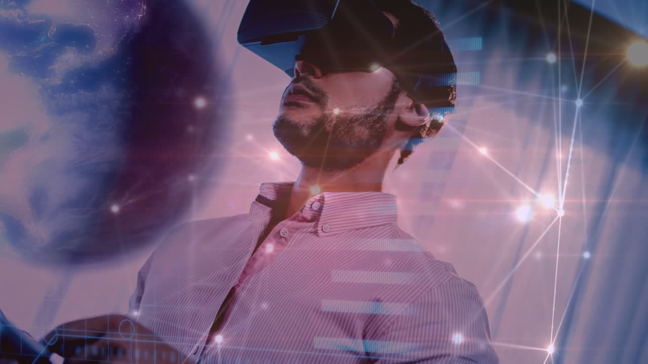 Animation of network of digital connections over businessman wearing vr headset