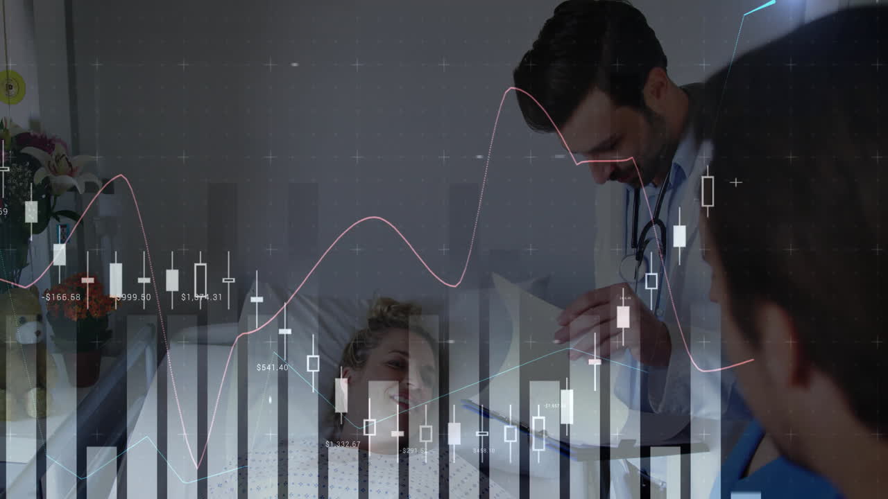 patient listening to medical team in hospital room, showing animated financial chart overlay