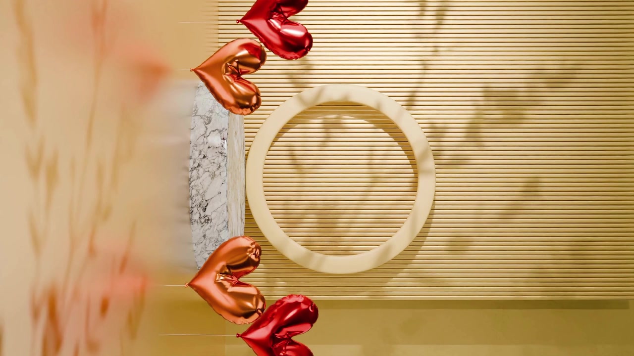 Cena de Dia dos Namorados com pedestal de mármore, moldura circular e balões metálicos em forma de coração em um fundo amarelo. Cenário decorativo romântico para exibição de produtos e celebração, vertical