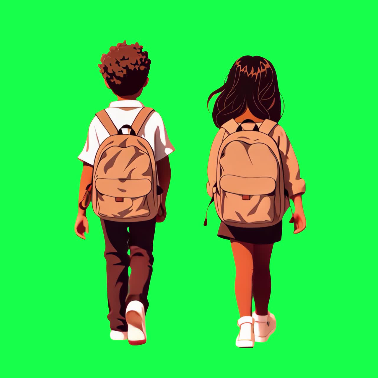 Children walking with backpacks animation, transparent 4K video, green screen