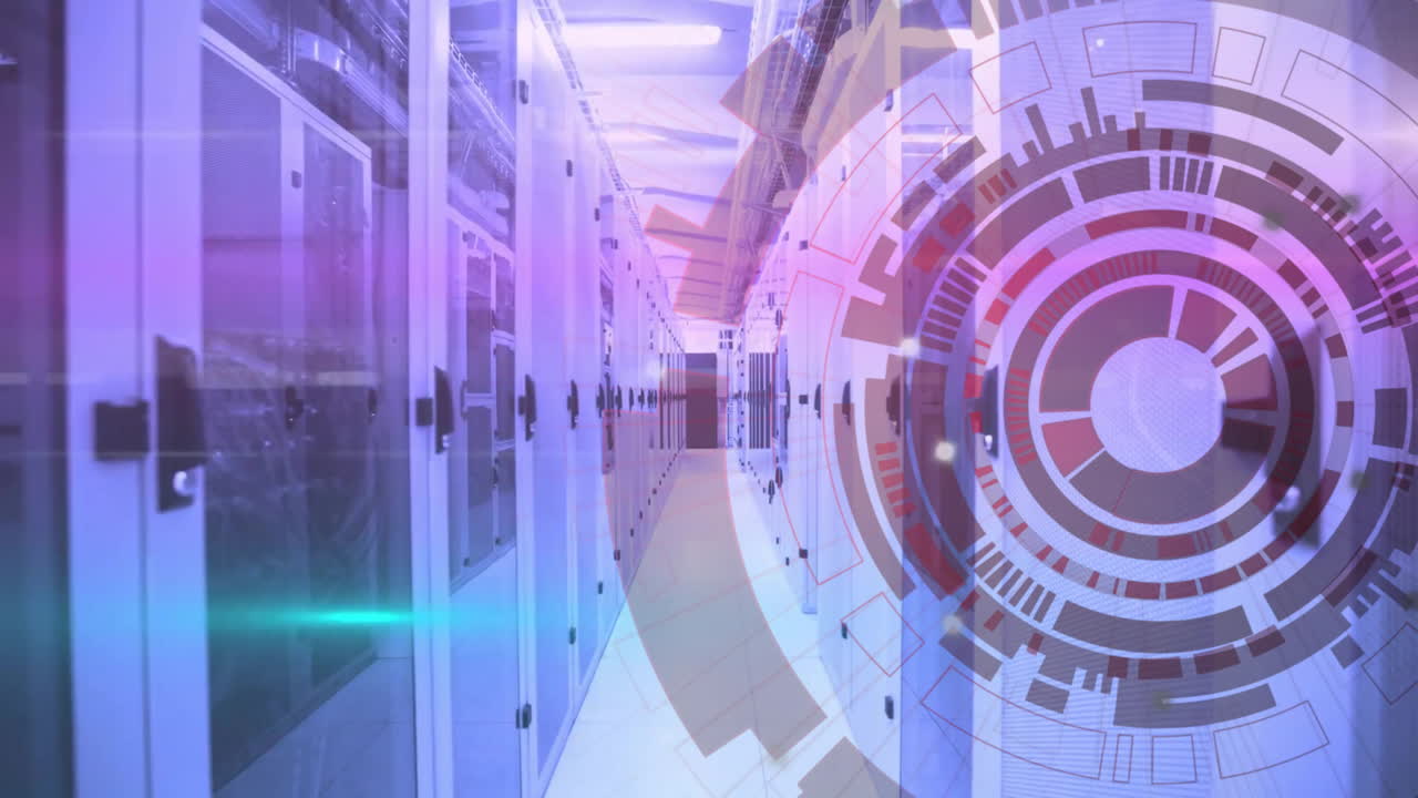 파란색과 분홍색 빛의 계층의 애니메이션과 서버 에서 데이터를 처리하는 원형 스캐너