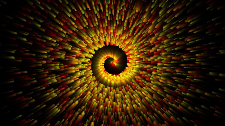 Debu bintang berkilauan 4K, spiral berpilin dari jejak partikel berkilauan dengan latar belakang hitam. Ekor komet luar angkasa. Animasi putaran tanpa batas.