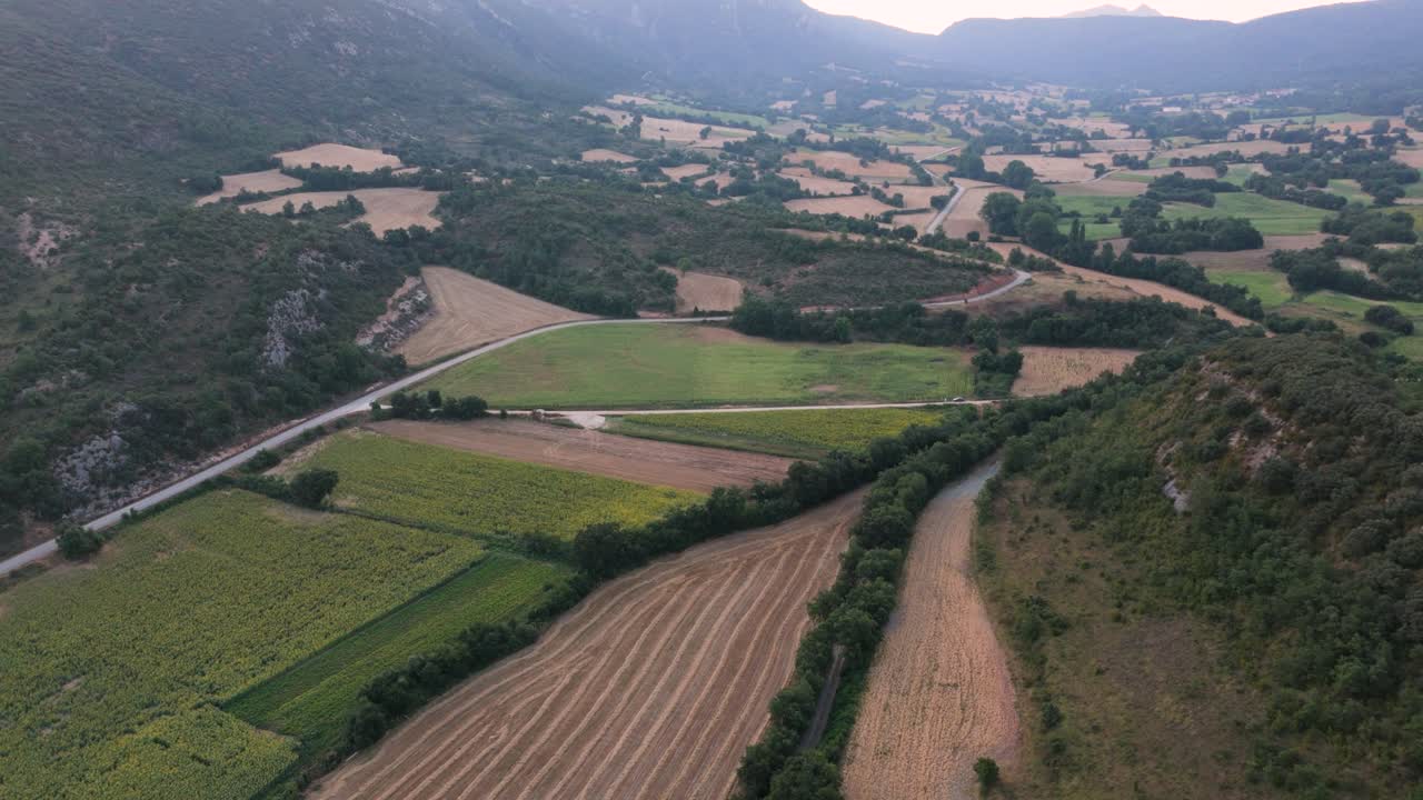 Approaching drone shot of a picturesque Spanish landscape located in Valderama in the province of Burgos in Spain.