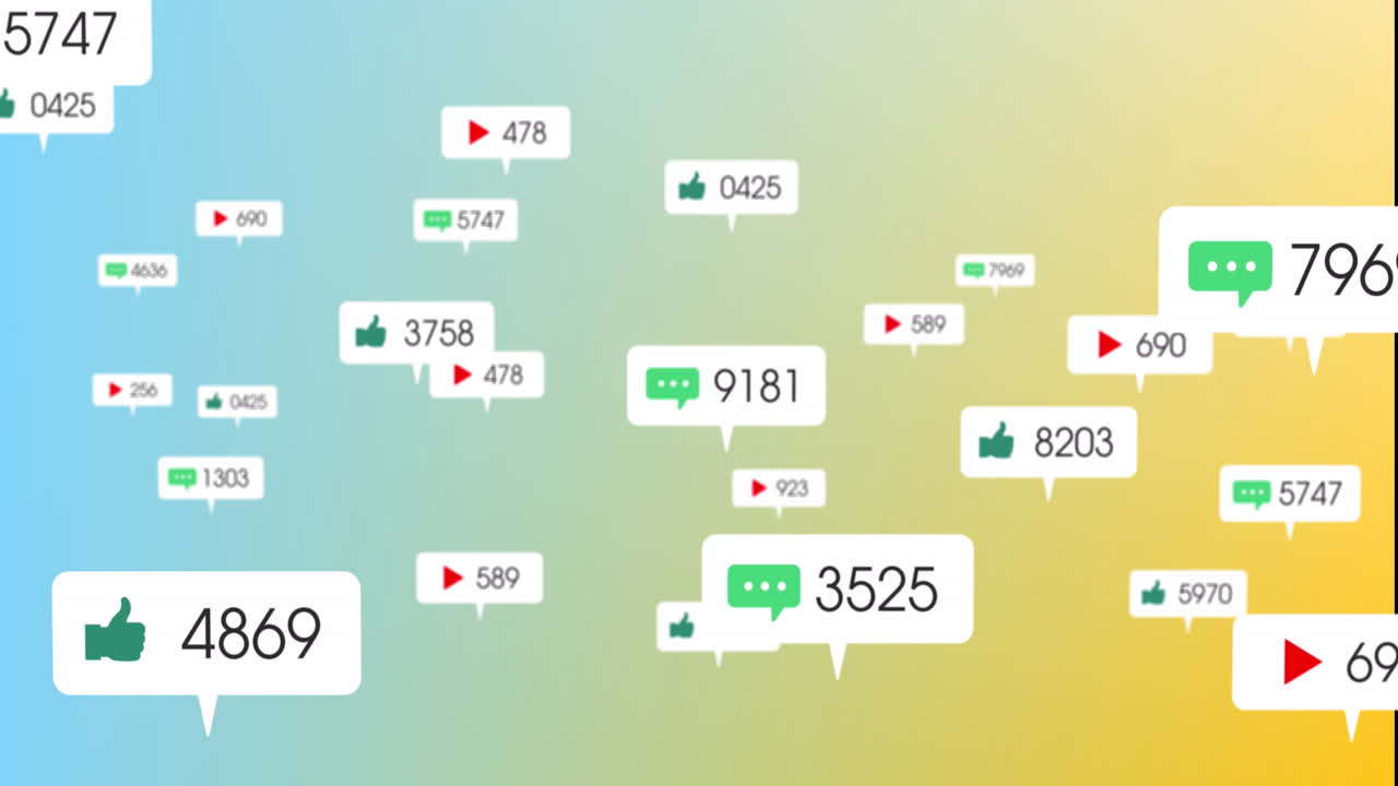 노란색과 파란색 그라디언트 배경에 떠다니는 소셜 미디어 아이콘의 애니메이션