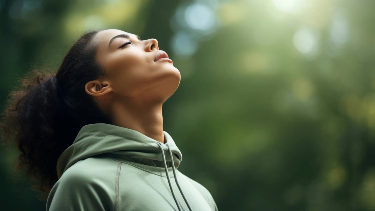 Mujer joven respirando profundamente al aire libre