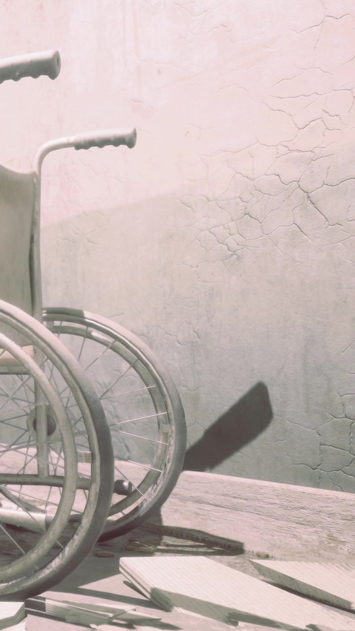 Old wheelchair stands against cracked wall in empty room during daylight hours