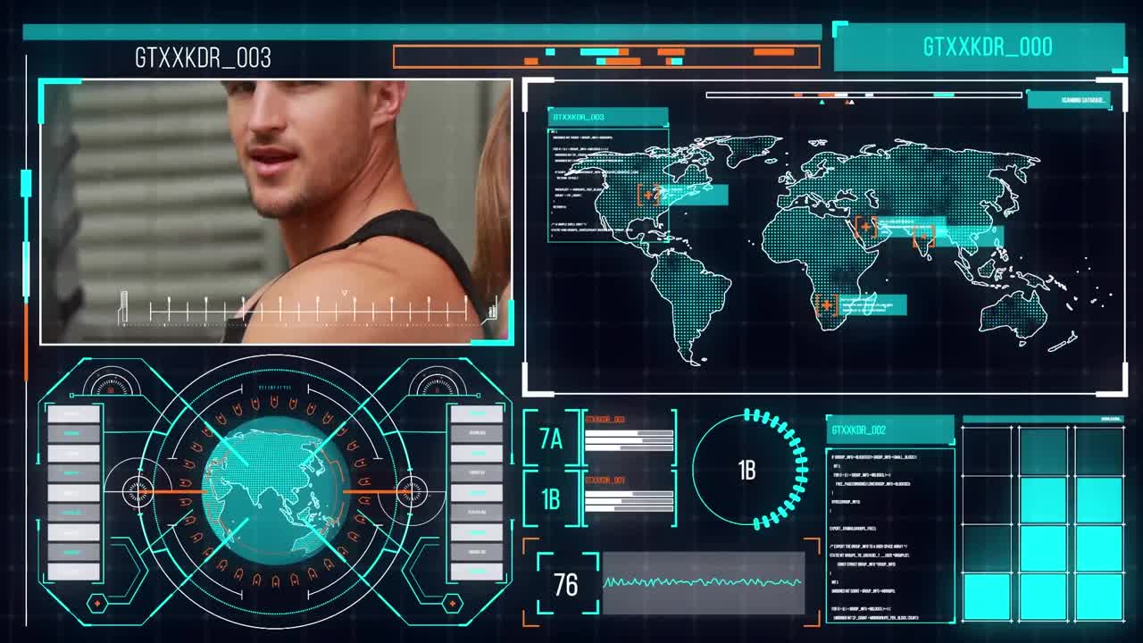 화면에서 데이터 처리의 애니메이션 백인 남자가 운동