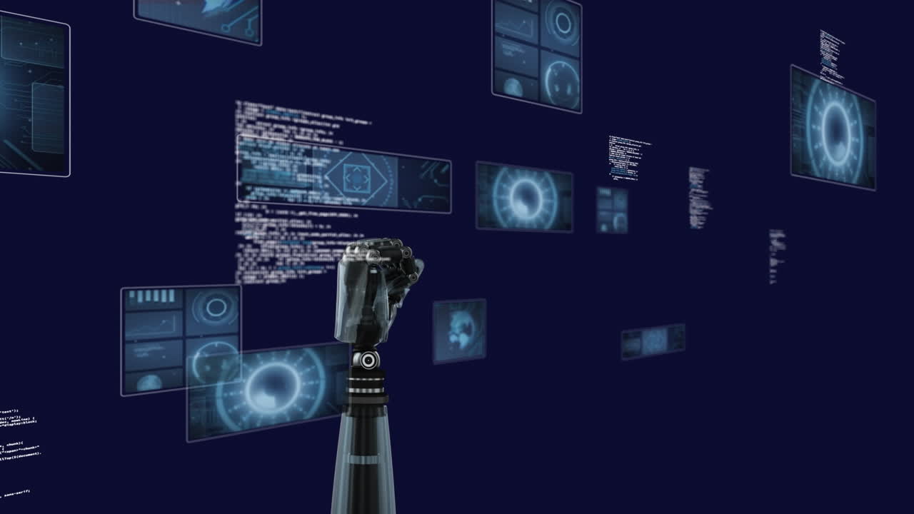 animación de la mano de los robots, escaneado de visores y procesamiento de datos sobre pantallas con fondo oscuro