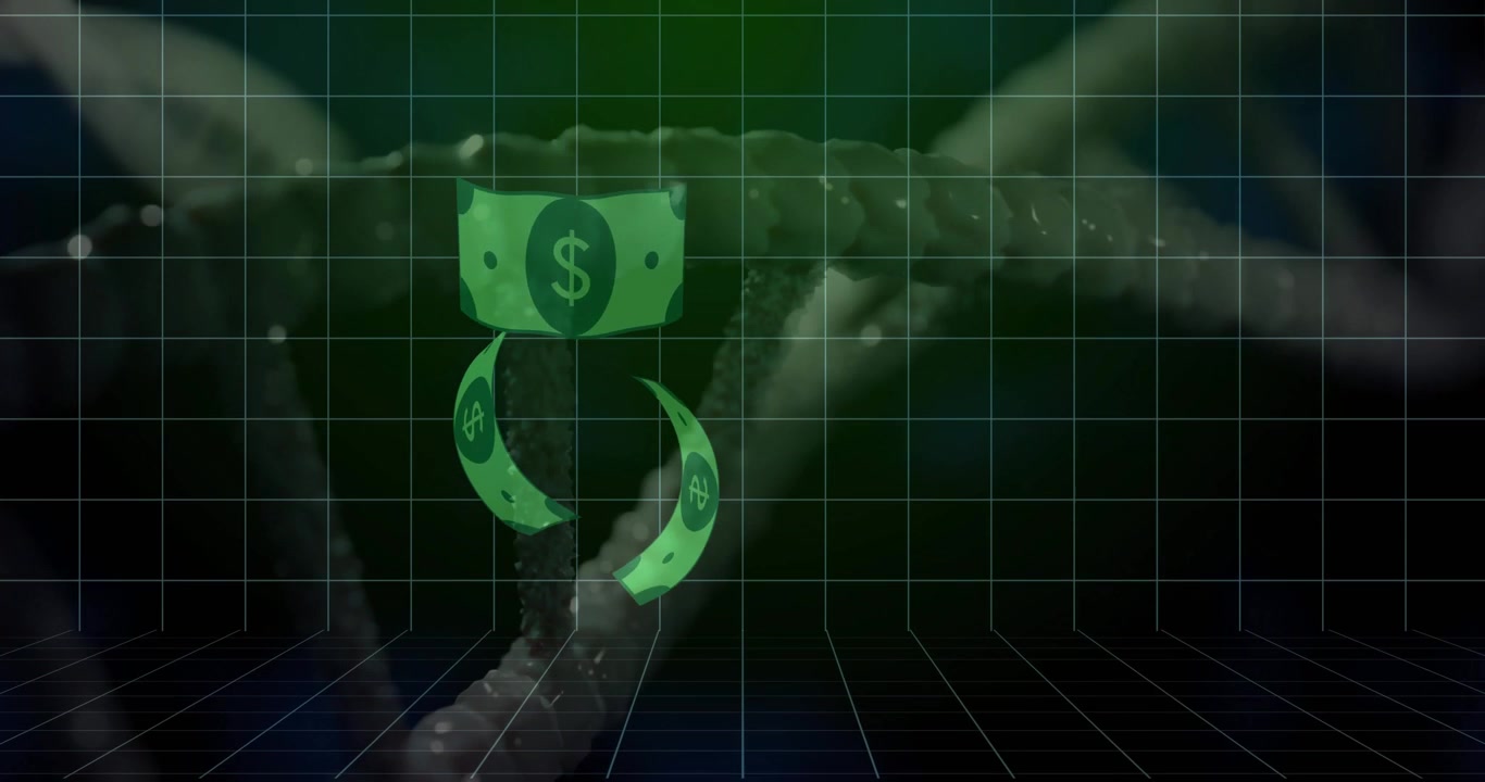 Grønt pengeseddelikon, der drejer og svæver i en animeret 3D-gittergengivelse, og viser en rejes form bagved.