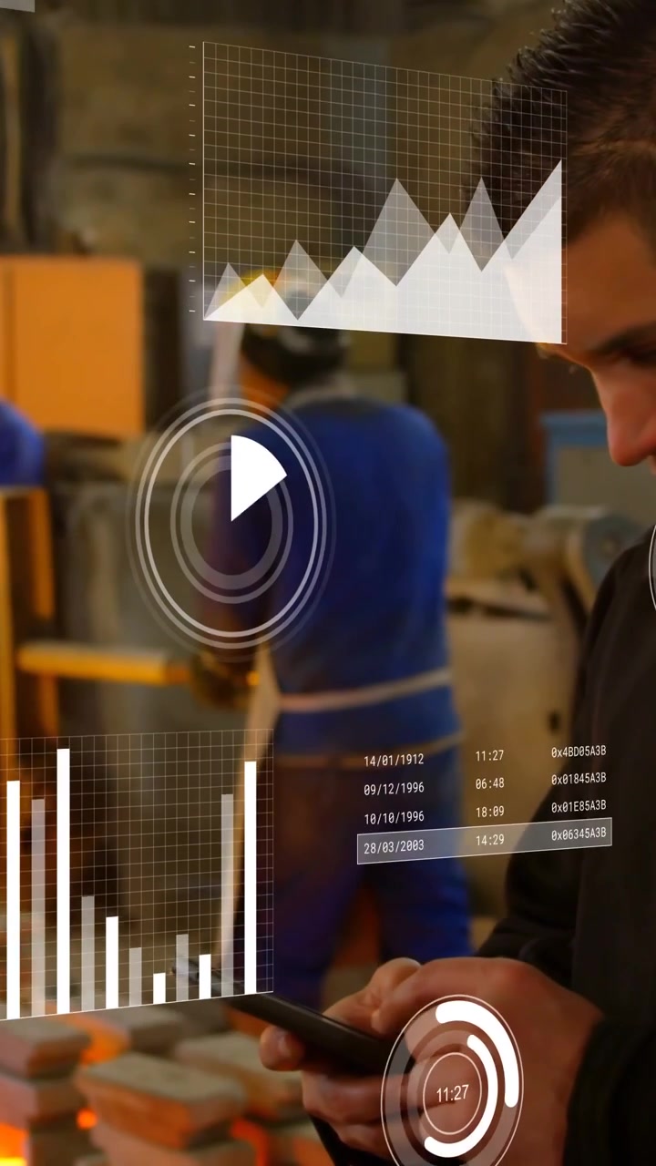 Vertical video: Technician tapping phone on plant, starting HUD graphs rising, timers updating KPIs