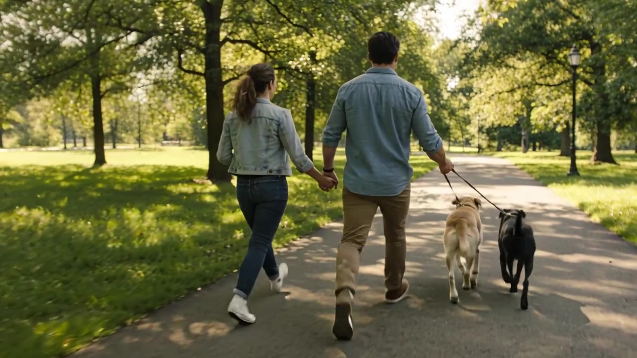 Telecamera a seguito che riprende una coppia che passeggia in un parco con due cani al guinzaglio, la donna indossa una giacca di jeans.