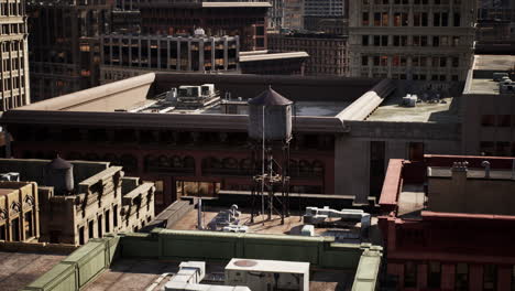 aerial view of a cityscape with water tower