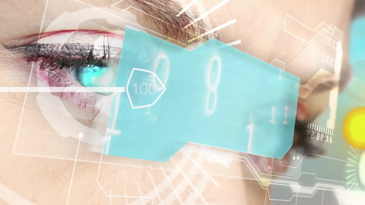 Animation of digital interface overlaying eye with futuristic technology elements