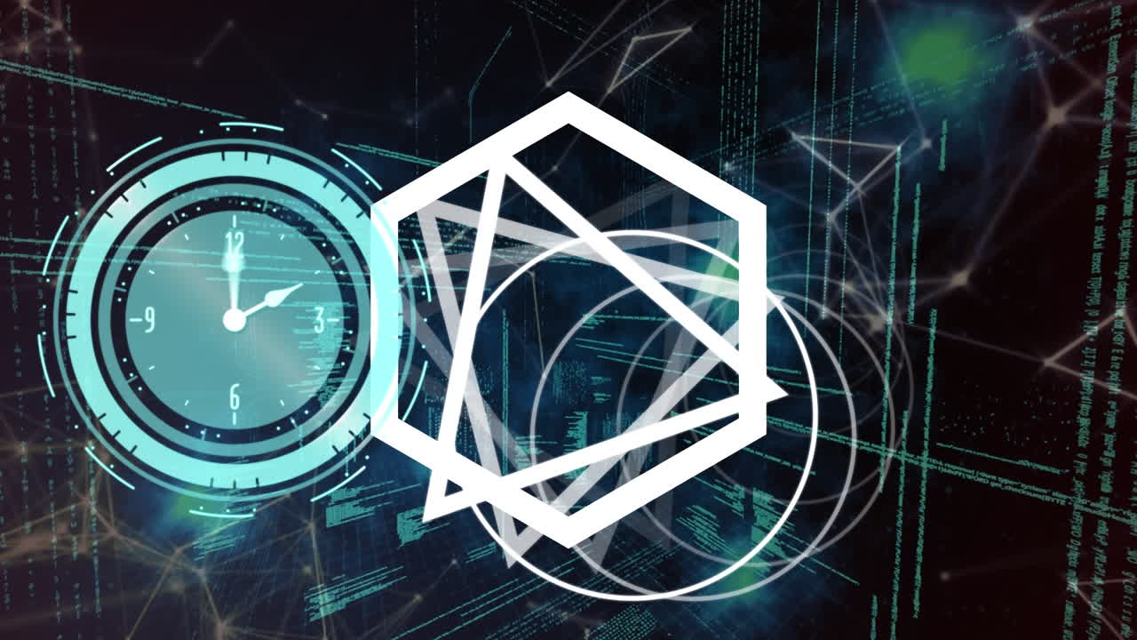 animación de un reloj en movimiento sobre un fondo negro con formas geométricas giratorias