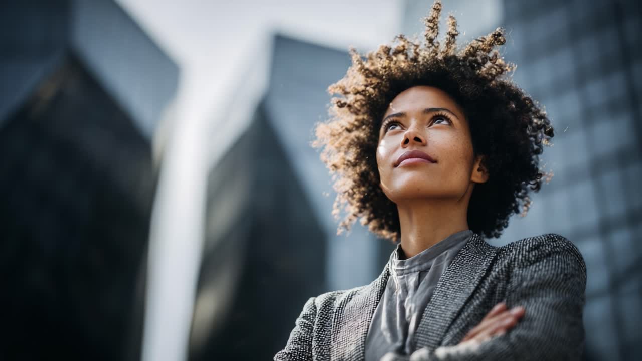 A Confident Professional Woman Gazes Upwards Amidst Modern Architecture, Exuding Poise and Determination as She Embodies Strength in the Urban Landscape