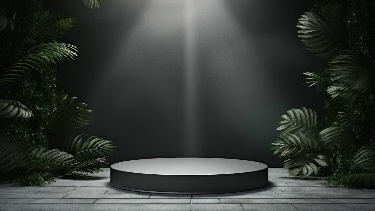 A dimly lit stage with a spotlight, surrounded by lush greenery. Shot from a low angle, perfect