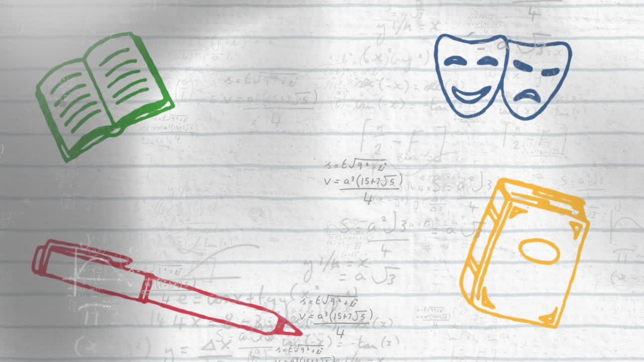 Digital animation of school concept icons against mathematical equations on white lined paper