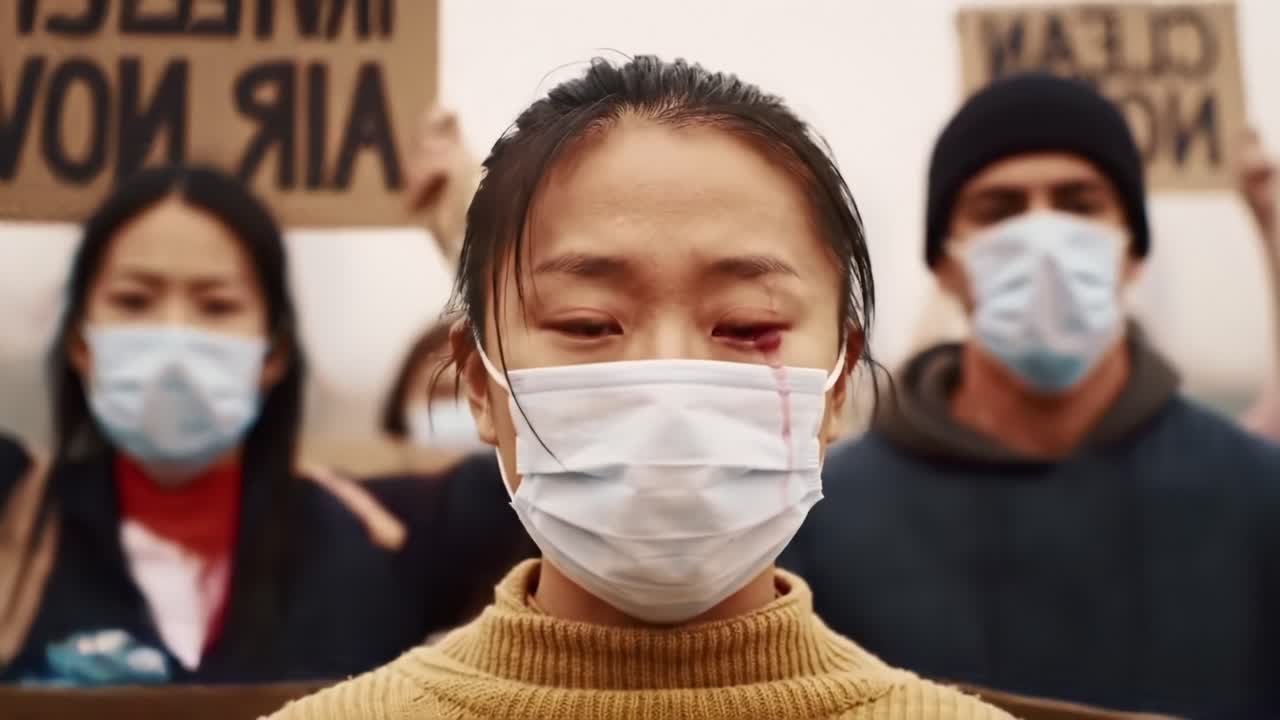 A Serene Yet Powerful Protest Scene Captured in Two Frames, Showing Resilience and Emotion Through the Eyes of a Young Activist Emblazoned with Determination and Struggles