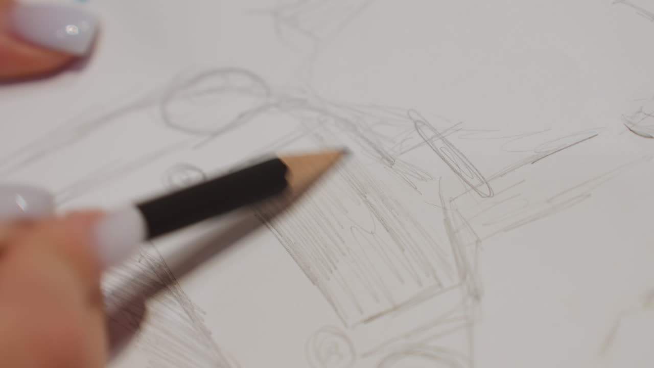 정교한 디테일과 음영을 강조한 스튜디오 품질의 자동차 콘셉트 스케치입니다. 예술적인 음영으로 휠과 그릴 기능에 초점을 맞춘 매우 상세한 연필 렌더링입니다.