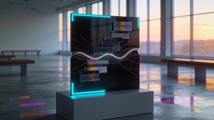 Illuminando la galleria, la luce del tramonto attiva un pannello nero che emette forme d'onda, schede UI, neon ciano
