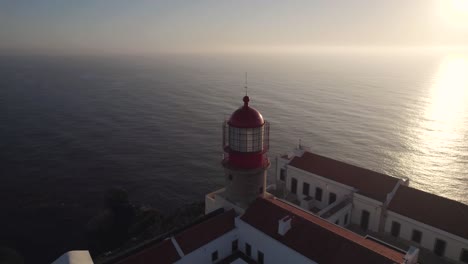 Toma-Aérea-Cinematográfica-Que-Muestra-La-Cúpula-Del-Faro-Del-Cabo-De-San-Vicente,-Luces-Solares-Difusas