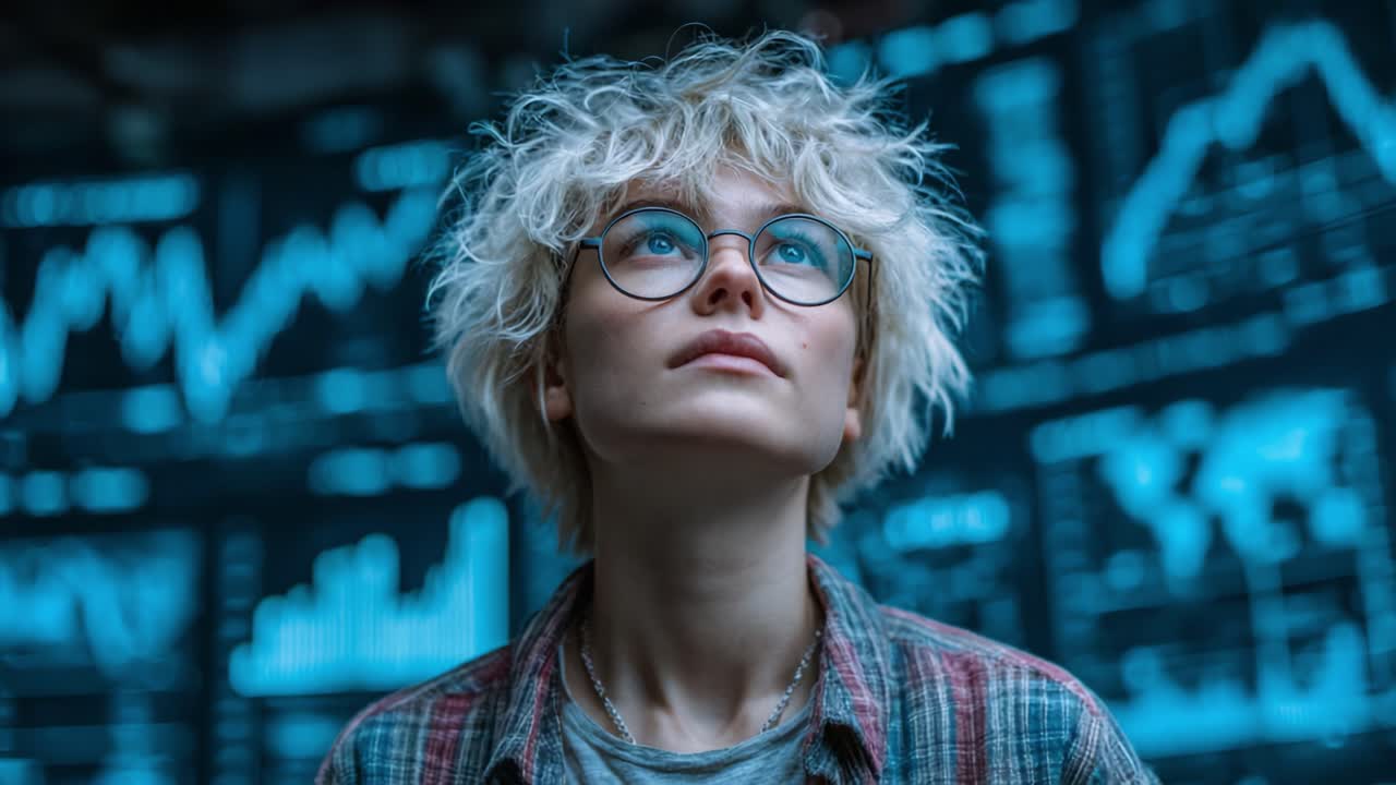A young person with curly blond hair and glasses gazes thoughtfully upwards, surrounded by glowing blue financial charts and data analysis, embodying curiosity and insight into complex analytics
