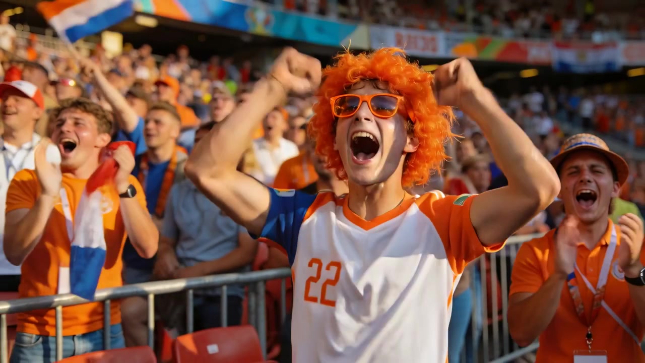 Seguidor animando con peluca naranja y camiseta número 22, levantando los puños y gritando tras un gol en el campo