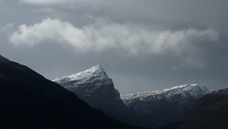 Violinista-De-Montaña-Se-Detuvo-En-Cinco,-Tierras-Altas,-Escocia-Con-Nieve,-Nubes-Y-Cielo-Tormentoso