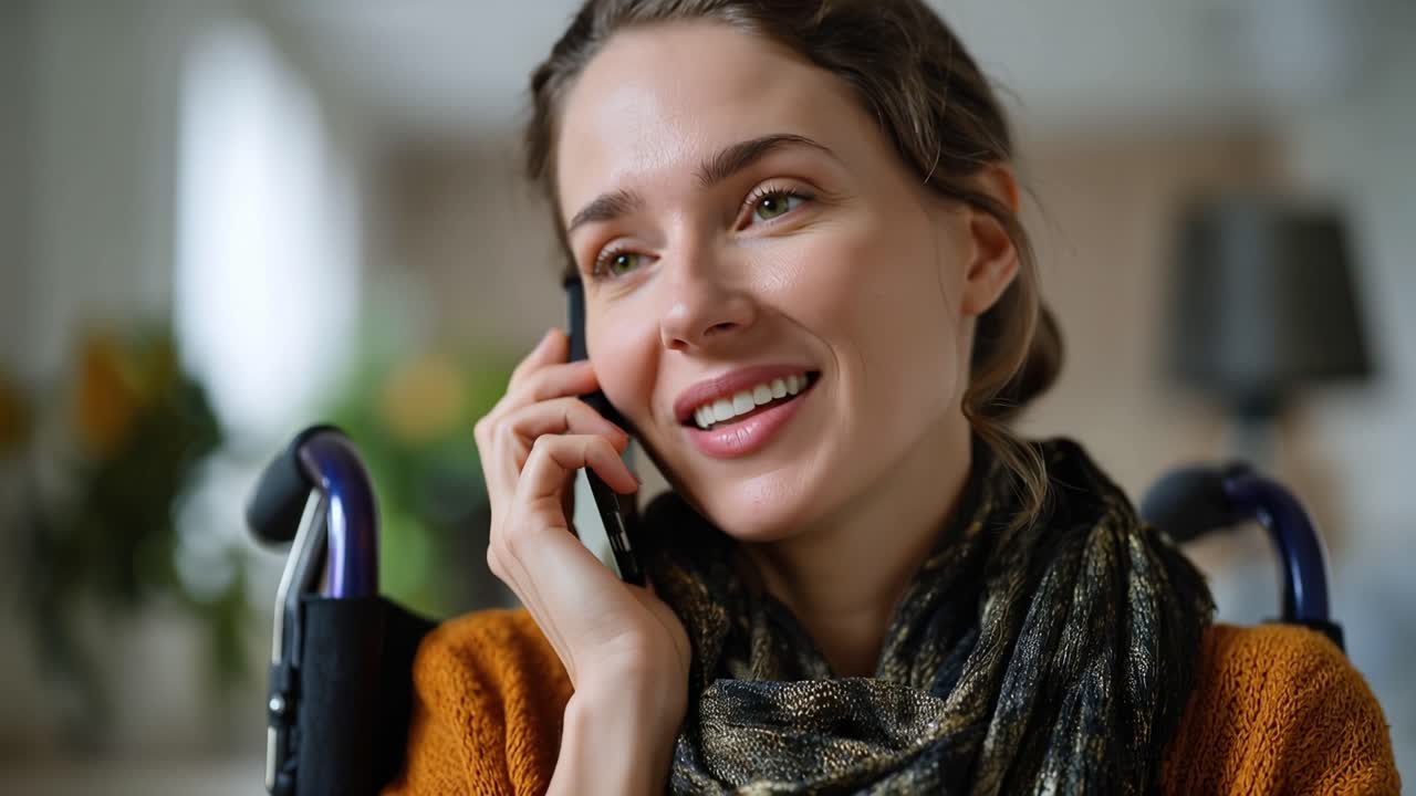 Woman smiles, chatting on phone while seated in wheelchair. She wears cozy scarf and sweater. Home environment, soft natural light, blurred background. Her expression shows comfort and connection
