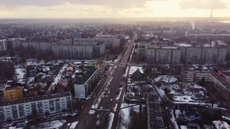 post soviet town with socialist soviet panel building on cloudy day