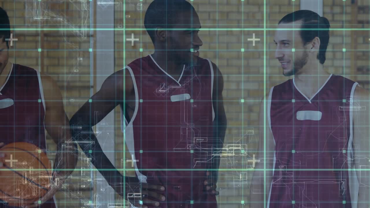 Center player leaning, starting strategy talk, team cradling ball while grid overlay showing sports