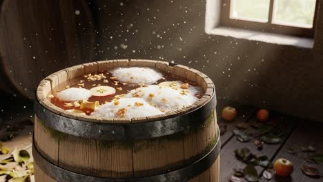 a rustic barrel overflowing with apple cider and bubbly foam, set in a cozy wood-furnished room with sunlight streaming through the window
