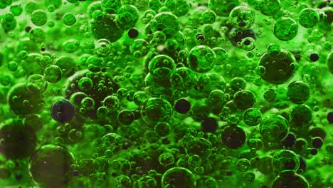 macro shot of dark green bubbles getting mixed in water, slowly floating