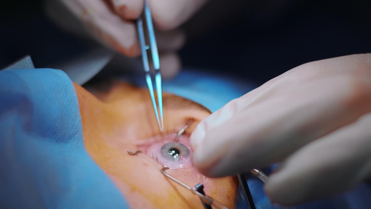 Correção da visão a laser. Paciente e equipe de cirurgiões na sala de cirurgia durante cirurgia oftálmica. Espéculo palpebral. Tratamento Lasik. Paciente sob cobertura estéril