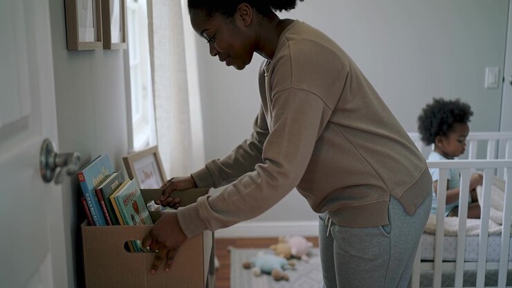 Entering woman carrying box, placing and sorting kids books on nursery dresser, wearing sweatshirt