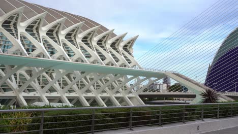 panning shot showing modern art building named city of arts and sciences in valencia