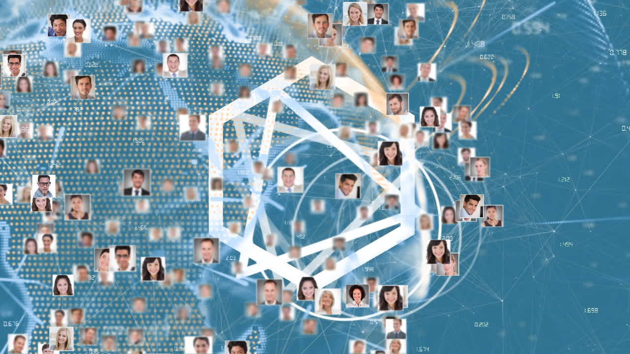 анимация глобуса сети связей с фотографиями людей