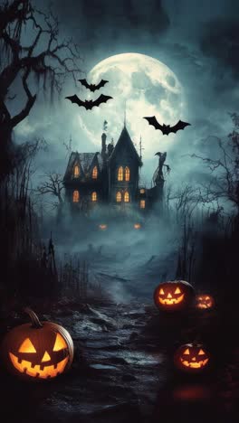 eerie video scene of a haunted house under a full moon, captured from a low angle