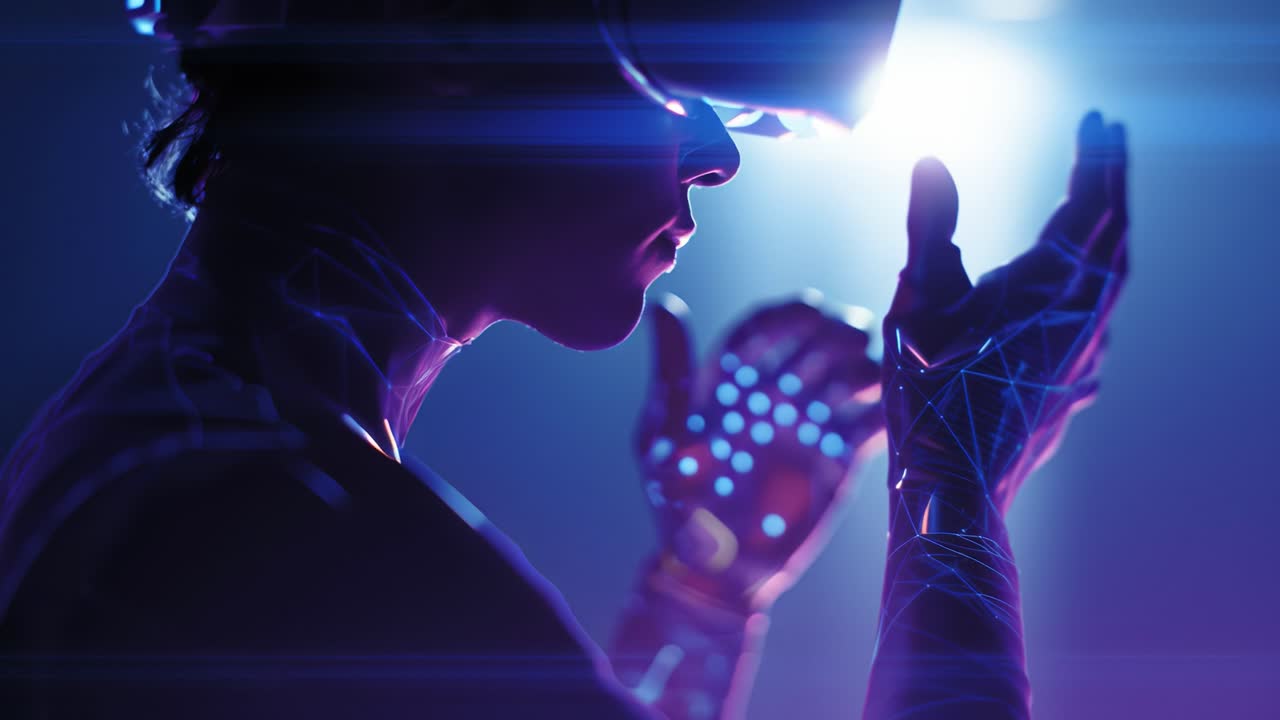 Fremtiden er her: En person bruger virtual reality med futuristisk wearables – se samspillet mellem teknologi og menneskelig oplevelse.