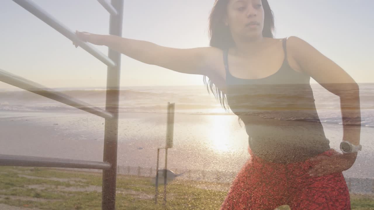 인공 다리를 은 장애인 아프리카계 미국인 여성 위의 바다 풍경 애니메이션