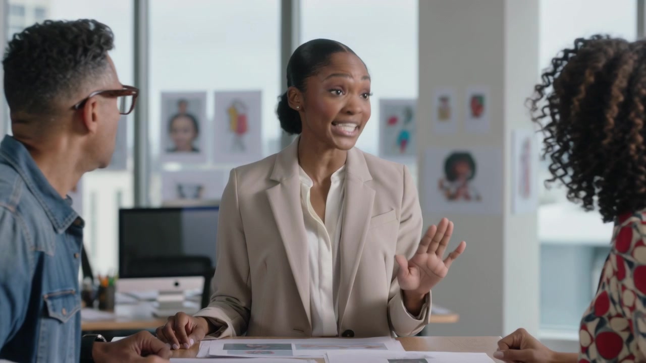 Stepping in mediator in beige blazer raising hand calming after argument at meeting table, layouts