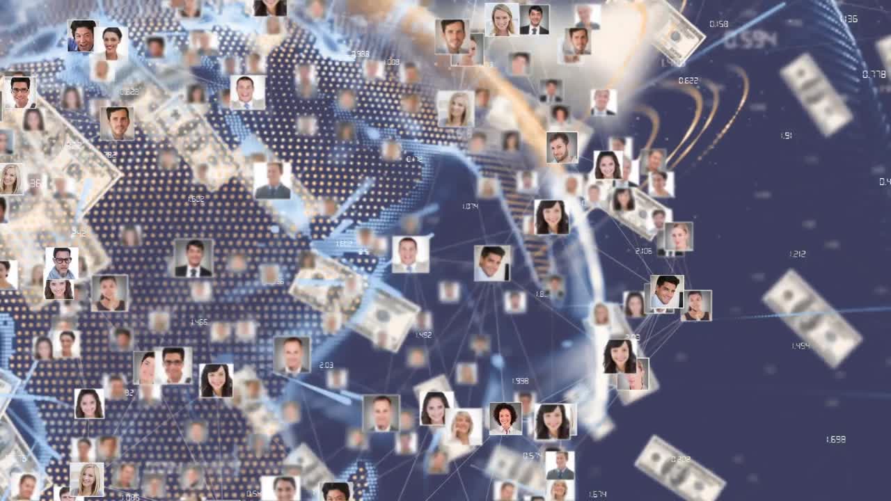 지구를 형성하는 여러 사진의 연결 네트워크의 애니메이션