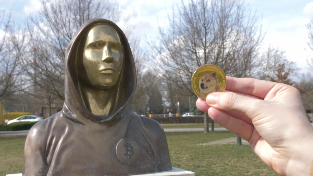 ficha dogecoin junto a la estatua de satoshi nakamoto
