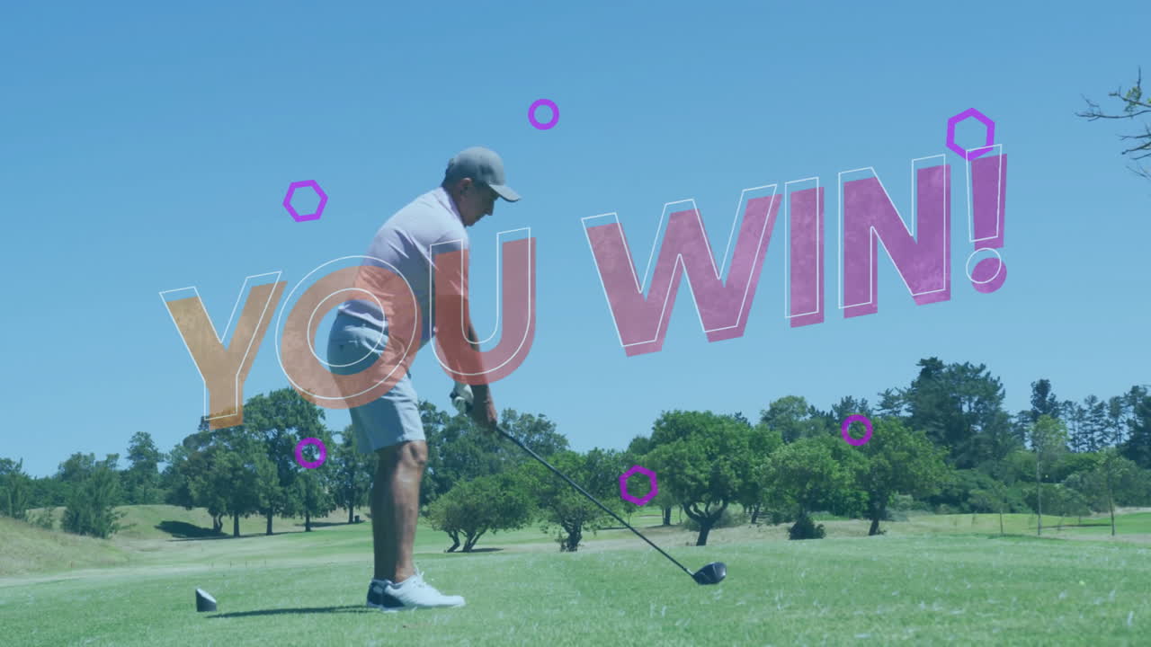senior man preparing golf swing on tee, integrating technology with YOU WIN text hexagon accents