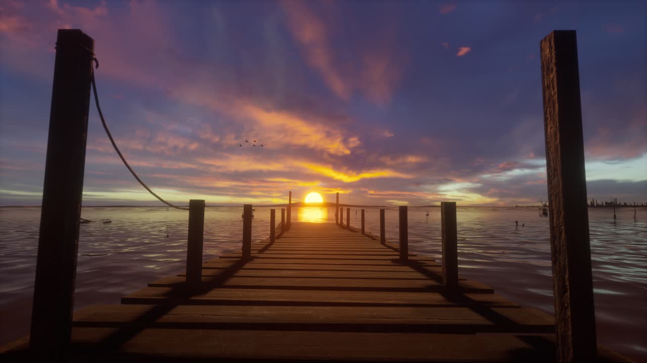 Pontile di legno che si estende in un lago al tramonto con un cielo vibrante