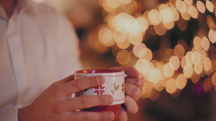 Man holding coffee cup at illuminated home during Christmas