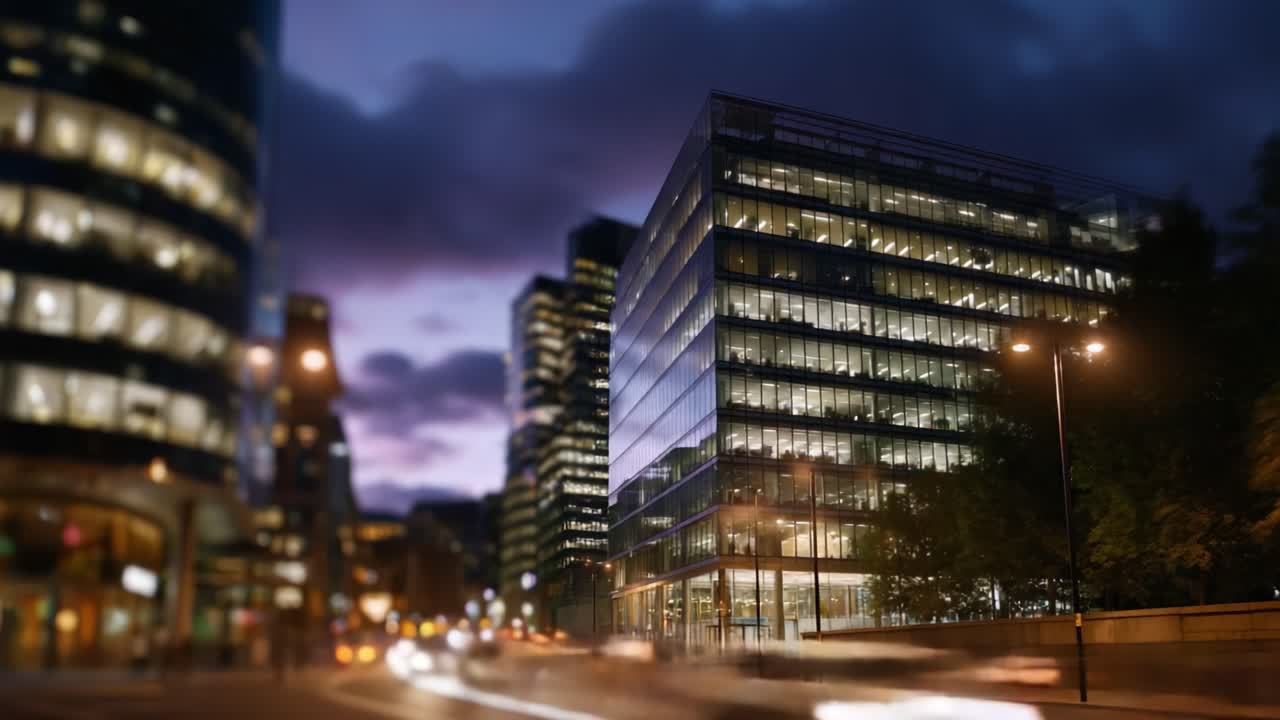 Um moderno edifício de vidro iluminado à noite, cercado por arquitetura urbana e luzes vibrantes da cidade em uma paisagem metropolitana dinâmica